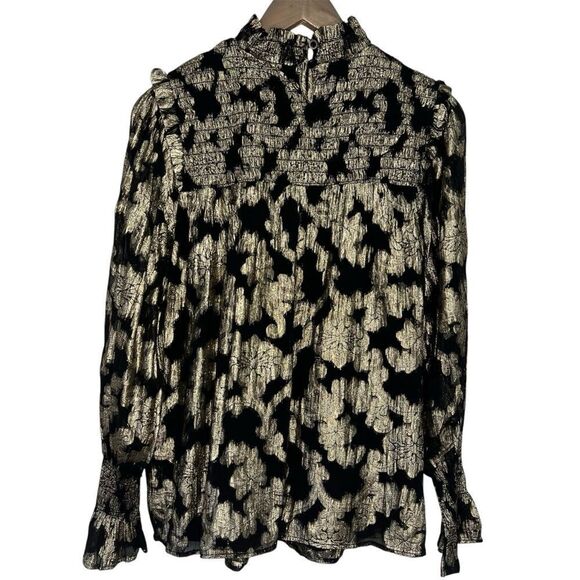 Elan Metallic Brocade Floral Blouse Womens Small Black/Gold Smocked Party Top - Picture 5 of 6